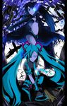  aircraft airplane aqua_eyes aqua_hair b-52_stratofortress bikini_top black_hair black_rock_shooter black_rock_shooter_(character) blue_eyes burning_eye chain coat creator_connection flat_chest gloves hatsune_miku headphones highres koi_wa_sensou_(vocaloid) long_hair megaphone mito_(calcomer) multiple_girls necktie pantyhose scar skirt songover sword twintails uneven_twintails very_long_hair vocaloid weapon 