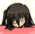  black_hair blush kotatsu lowres minami-ke minami_kana sleeping solo table tong twintails 
