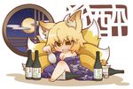  animal_ears barefoot blonde_hair bottle breasts chibi choko_(cup) cleavage cup drunk fox_ears fox_tail full_moon gurageida japanese_clothes medium_breasts moon multiple_tails off_shoulder open_mouth round_window sake_bottle short_hair solo tail tokkuri touhou window yakumo_ran yellow_eyes 