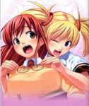  2girls aq_interactive arcana_heart atlus bb blue_eyes blush breasts brown_eyes cute examu friends friendship glasses large_breasts lilica_felchenerow long_hair lowres mizuki_gyokuran multiple_girls necktie offcial_art official_art open_mouth redhead serafuku smile surprise tease teasing twintails wink yasazumi_yoriko yasuzumi_yoriko 