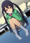  bad_id bad_pixiv_id bed black_hair brown_eyes cup dutch_angle green_shirt k-on! knees_together_feet_apart knees_touching long_hair mug nakano_azusa nishiuri_warito shirt sidelocks sitting socks solo steam sweater twintails white_legwear 