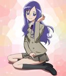  blazer blue_eyes blue_hair eyelashes haruyama_kazunori heartcatch_precure! jacket kneehighs kurumi_momoka long_hair myoudou_gakuen_high_school_uniform precure school_uniform sitting skirt socks solo sparkle 