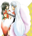  armor barefoot blush brown_eyes child facial_mark forehead_mark grey_hair holding inuyasha japanese_clothes long_hair pointy_ears rin_(inuyasha) sesshoumaru white_hair 