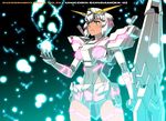  armor bad_id bad_pixiv_id dark_skin glowing green_eyes gundam gundam_unicorn mazingkaizer mecha_musume nt-d personification shield solo unicorn_gundam white_hair 