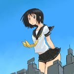  black_eyes black_hair cityscape day from_below giantess highres okera original school_uniform serafuku short_hair sky solo 