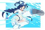  attack blue_background blue_eyes blue_hair boots cure_white futari_wa_precure gloves half_updo kicking knee_boots long_hair magical_girl okera open_mouth panties precure solo striped striped_panties underwear very_long_hair white_footwear yukishiro_honoka 