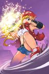  attack blonde_hair blue_eyes fatal_fury from_below genderswap genderswap_(mtf) glowing hat highres jacket long_hair midriff no_socks okera punching shoes shorts sneakers snk solo terry_bogard the_king_of_fighters wind 