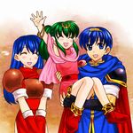  2girls 74 armor blue_eyes blue_hair blush bracelet cape chiki closed_eyes fingerless_gloves fire_emblem fire_emblem:_monshou_no_nazo gloves green_hair hair_ornament jewelry long_hair mamkute marth multiple_girls open_mouth pointy_ears ponytail scarf sheeda smile 