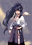  black_hair blue_eyes blush bow_(bhp) fictional_persona flat_chest hakama hand_on_hilt japanese_clothes long_hair open_mouth original ponytail purple_hakama self-portrait shinai solo sweat sword very_long_hair weapon 