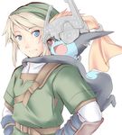  1girl belt blonde_hair blue_eyes fang hat helmet hug hug_from_behind imp link microspace midna orange_hair pointy_ears red_eyes the_legend_of_zelda the_legend_of_zelda:_twilight_princess 