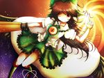  bow breasts brown_hair cape fire green_bow hair_bow highres long_hair medium_breasts one_eye_closed red_eyes reiuji_utsuho solo touhou wannnya wings 