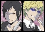  bad_id bad_pixiv_id black_hair blonde_hair cigarette durarara!! glasses grin heiwajima_shizuo knife male_focus multiple_boys orihara_izaya pakkaane red_eyes smile sunglasses tuxedo 