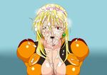  blonde_hair breasts bukkake cum cum_in_mouth cum_on_body cum_on_breasts cum_on_clothes cum_on_hair cum_on_tongue cum_on_upper_body earrings facial gundam hairband jewelry katejina_loos komachintarou long_hair pilot_suit red_eyes solo tongue victory_gundam wink 