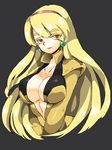  blonde_hair breasts earrings gundam jewelry katejina_loos katsuoboshi large_breasts long_hair pilot_suit red_eyes solo victory_gundam 