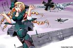  aircraft airplane arm_up armband blonde_hair breasts chasing condensation_trail covered_nipples drill_hair flying large_breasts laughing long_hair mecha_musume military multiple_girls open_mouth original p-51_mustang_(personification) propeller sky smile swastika ta_152_(personification) translated world_war_ii yonezuka_ryou 