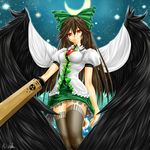  arm_cannon black_legwear black_wings bow brown_hair cape crescent_moon frilled_skirt frills green_skirt hair_bow highres impossible_clothes impossible_shirt long_hair miniskirt moon red_eyes reiuji_utsuho runasion shirt skirt smile solo thighhighs touhou very_long_hair weapon wings 