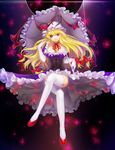  blonde_hair bow breasts bug butterfly cleavage crossed_legs dress elbow_gloves eyes floating garter_straps gloves hair_bow hat insect kagachi_saku large_breasts legs long_hair long_legs looking_at_viewer parasol purple_eyes sitting smile solo thighhighs thighs touhou umbrella white_gloves white_legwear yakumo_yukari 