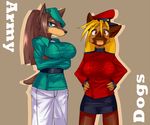 anthro big_breasts blonde_hair blue_eyes breasts brown_hair canine clothed clothing duo english_text female hair hat holding_breasts looking_at_viewer mammal open_mouth pants pose shioinu skirt standing star text uniform 