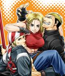  1girl 2boys abs billy_kane blonde_hair blue_eyes blue_mary fang fatal_fury female gloves king_of_fighters kof male multiple_boys muscle ryuji_yamazaki short_hair smile snk yamazaki_ryuji yamazaki_ryuuji 