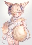  1boy animal_ears bangs bare_legs blonde_hair blush closed_mouth commentary_request contrapposto cow_boy crossdressing dress erune fingernails fox_ears fox_tail granblue_fantasy hair_ornament hair_over_one_eye highres kou_(granblue_fantasy) large_tail long_hair looking_at_viewer one_eye_covered ribbed_sweater shigaraki_(strobe_blue) simple_background sleeves_past_wrists solo standing sweater sweater_dress tail tail_hug white_background white_sweater yellow_eyes 