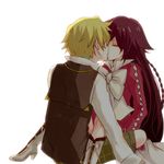  alice_(pandora_hearts) blonde_hair boots brown_hair couple high_heel_boots high_heels kiss long_hair oz_vessalius pandora_hearts ribbon white_boots 