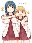  blonde_hair blue_hair blush braid breast_grab breasts brown_eyes cheek_pull furutani_himawari grabbing hair_ornament hairband hairclip large_breasts multiple_girls nanamori_school_uniform oomuro_sakurako open_mouth plump school_uniform serafuku short_hair short_sleeves star takagi_hideaki twin_braids twintails yellow_eyes yuru_yuri 