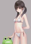  arm_behind_back bangs bare_arms bare_shoulders bikini black_eyes black_hair chikuwa_(odennabe) collarbone cowboy_shot frog grey_background long_hair looking_at_viewer navel original side-tie_bikini simple_background solo swimsuit twintails 