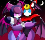  brass cosijoeza cosplay couple crescent_moon crossover darkstalkers female hand_holding machine mechanical medabots moon morrigan_aensland multi-colored_body peppercat pink pink_eyes purple re robot video_games white 