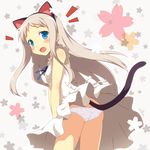  animal_ears ano_hi_mita_hana_no_namae_wo_bokutachi_wa_mada_shiranai. ass blue_eyes blush cat_ears cat_tail dress dress_lift honma_meiko kemonomimi_mode long_hair open_mouth panties short_dress silver_hair sleeveless sleeveless_dress solo tail underwear upskirt v_arms white_dress white_panties wind yamasan 