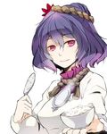  bowl kappougi mirror pink_eyes purple_hair short_hair smile solo spoon touhou upper_body yasaka_kanako yoshida_nishi 