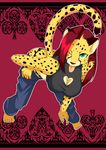  &#9824; &#9827; &#9830; abstract_background breasts cheetah cleavage clothed clothing feline female green_eyes hair looking_at_viewer mammal one_eye_closed panther panties pants red_hair shioinu solo spots tongue tongue_out underwear 