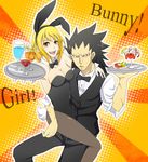  animal_ears black_hair blonde_hair bow bowtie breasts bunny_ears bunny_suit bunny_tail bunnysuit cleavage detached_collar fairy_tail fishnet_pantyhose fishnets gajeel_redfox lucy_heartfilia pantyhose red_eyes smile tail translation_request tray waiter waitress 