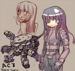  armored_core armored_core_3 blush female from_software girl gun long_hair mecha quad_legs redeye weapon 