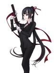  black_eyes black_hair formal gloves grin katana kazuoki long_hair original ponytail ribbon simple_background smile solo standing suit sword very_long_hair weapon white_background 