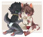  black_hair brown_hair clothed clothing collar cub eye_contact hair hi_res hindpaw kneeling leash loincloth looking_at_each_other male nero_cane pawpads paws sitting skimpy young 