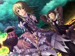  1girl alvin_(tales) blonde_hair bow brown_eyes brown_hair cravat creature dress dutch_angle elize_lutus frills highres koikeya long_hair night one_eye_closed ribbon sky smile star_(sky) starry_sky tales_of_(series) tales_of_xillia teepo_(tales) yellow_eyes 