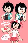  backpack black_hair blush brown_eyes hearts miscon peni_parker pizza pizza_box red_skirt school_uniform spider-man spider-man:_into_the_spider-verse steam text tongue_out various_expressions white_shirt wink 