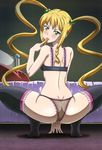  :p absurdres artist_request ass bare_shoulders bed bedside black_legwear blonde_hair blush bra butt_crack dimples_of_venus from_behind green_eyes highres himegami_kodama licking lingerie long_hair looking_back maken-ki! naughty_face no_shoes non-web_source nyantype official_art panties pillow solo squatting thighhighs tiptoes tongue tongue_out twintails underwear underwear_only very_long_hair 