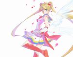  angel_wings back_bow bishoujo_senshi_sailor_moon blonde_hair blue_eyes blue_sailor_collar boots bow double_bun elbow_gloves gloves hair_ornament hairpin knee_boots leg_up long_hair looking_back magical_girl miniskirt multicolored multicolored_clothes multicolored_skirt pleated_skirt red_bow ribbon sailor_collar sailor_moon sailor_senshi_uniform skirt smile solo striped striped_skirt super_sailor_moon tsukino_usagi twintails white_background white_gloves wings y.tsk 