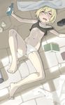  =_= barefoot blonde_hair blush book bottle breasts closed_eyes covered_nipples drooling erica_hartmann feet floor holding lying navel no_pants on_back panties saliva satou_atsuki short_hair small_breasts solo strike_witches sweat tank_top towel underwear white_panties world_witches_series 