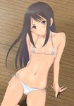  bare_arms bare_shoulders bikini black_hair blush breasts brown_eyes cameltoe collarbone long_hair muffin_(sirumeria) navel original parted_lips side-tie_bikini sitting small_breasts solo string_bikini swimsuit white_bikini wooden_floor 