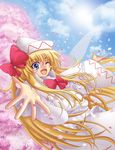  blonde_hair blue_eyes cherry_blossoms hat highres kurowana lily_white long_hair one_eye_closed open_hand petals solo touhou very_long_hair wings 
