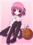  basketball black_legwear derivative_work hair_ribbon highres kirara-sakura minato_tomoka pink_eyes pink_hair ribbon rou-kyuu-bu! school_uniform short_hair smile solo thighhighs 