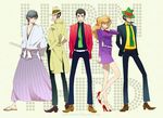  4boys arsene_lupin_iii bad_id bad_pixiv_id black_hair black_jacket black_neckwear brown_hair fedora formal green_neckwear hat high_heels ishikawa_goemon_xiii jacket japanese_clothes jigen_daisuke legs long_hair looking_at_viewer lupin_iii mine_fujiko miniskirt multiple_boys necktie one_eye_closed pencil_skirt purple_skirt red_jacket shin'ya_(midnight_rain) shoes short_hair sideburns simple_background skirt skirt_suit striped striped_neckwear suit trench_coat yellow_neckwear younger zenigata_kouichi 