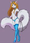  bell breasts cat clothed clothing collar feline female hair legwear long_hair long_tail mammal nipples orange_hair purple_background skimpy small_breasts solo standing stockings texture_background topless yellow_eyes 