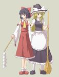  apron black_hair black_skirt blonde_hair bow braid broom detached_sleeves frilled_skirt frills gohei hair_ribbon hair_tubes hakurei_reimu hand_on_shoulder hat hat_bow kirisame_marisa large_bow long_hair long_skirt mary_janes medium_skirt multiple_girls natsume_riu red_eyes red_skirt ribbon shirt shoes short_hair short_sleeves simple_background single_braid skirt skirt_set socks touhou very_long_hair waist_apron white_shirt wide_sleeves witch_hat yellow_eyes 