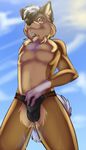  amber_eyes black_nose brown brown_fur bulge canine chest_tuft clothed clothing dog freckles fur hair looking_at_viewer looking_down low-angle_shot male mammal outside short_hair skimpy sky solo speedo standing swimsuit tail tartii thighs tuft underwear wet white white_hair 