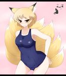  animal_ears blonde_hair fox_ears fox_tail one-piece_swimsuit pandain solo swimsuit tail touhou wavy_mouth yakumo_ran yellow_eyes 