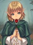  blonde_hair cape closed_mouth face flower green_eyes light_smile lowres original pointy_ears red_flower red_rose rose smile solo yukihiro 