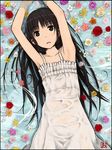  armpits arms_up bare_shoulders black_eyes black_hair collarbone dress flower highres long_hair lying okiru on_back open_mouth original solo submerged sundress water wet wet_clothes 